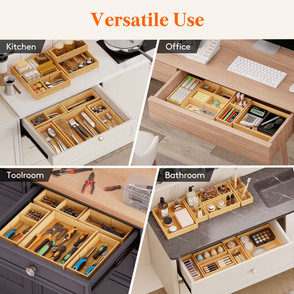 Drawer Organizer Set 5 Pack (11 Grid), Adjustable Bamboo Wooden Dividers