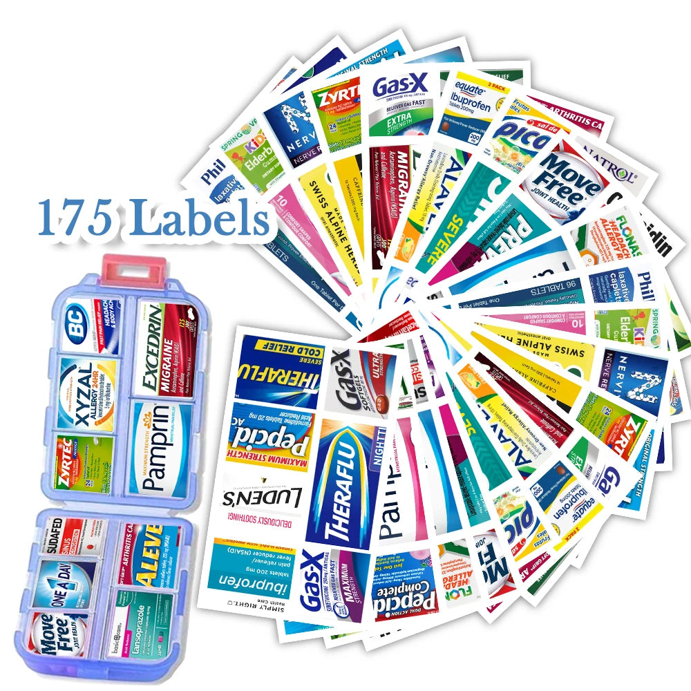 10 Grids Pill Organize Storage Container with 175 Labels Pill Case Health Medicine Organizer Travel Supply Mini Pill Box