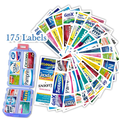 10 Grids Pill Organize Storage Container with 175 Labels Pill Case Health Medicine Organizer Travel Supply Mini Pill Box