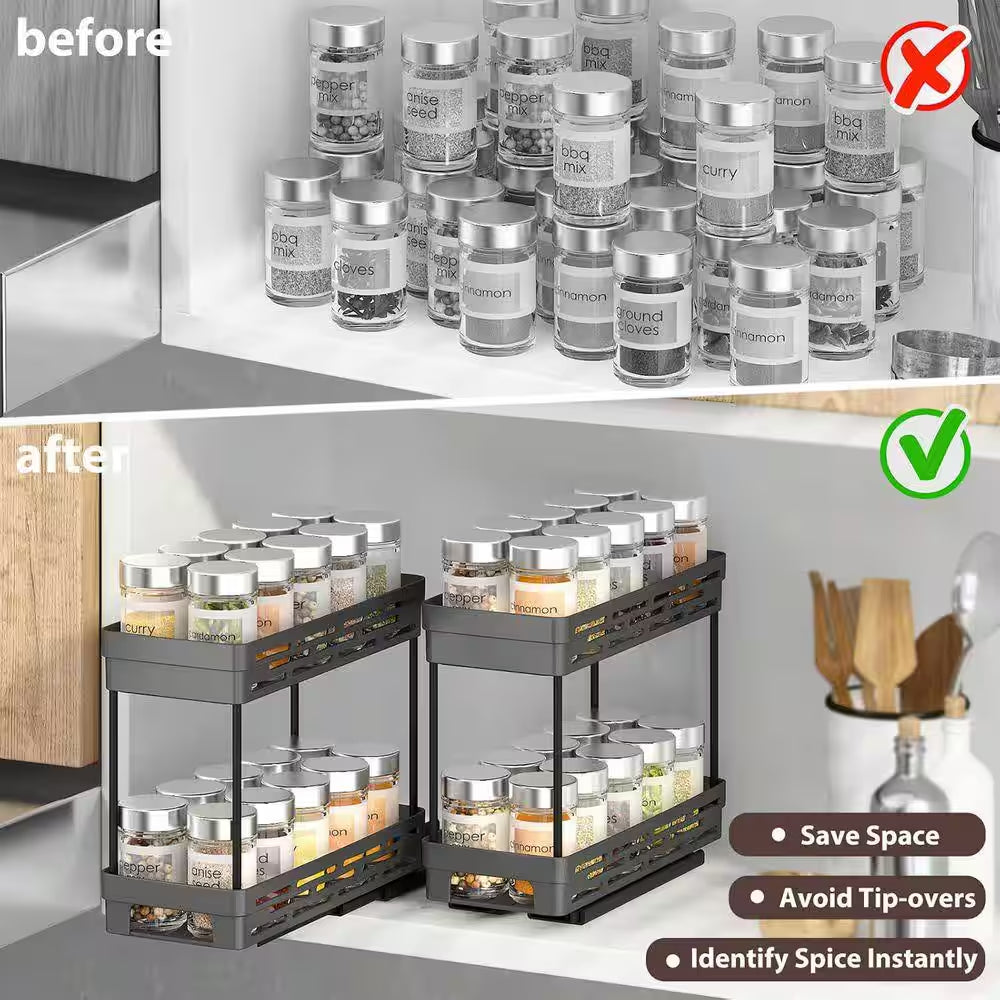 2 Tier Black Pull Out Slide Out Cabinet Organizer Spice Rack 3 Pack for Narrow Kitchen Storage Shelves