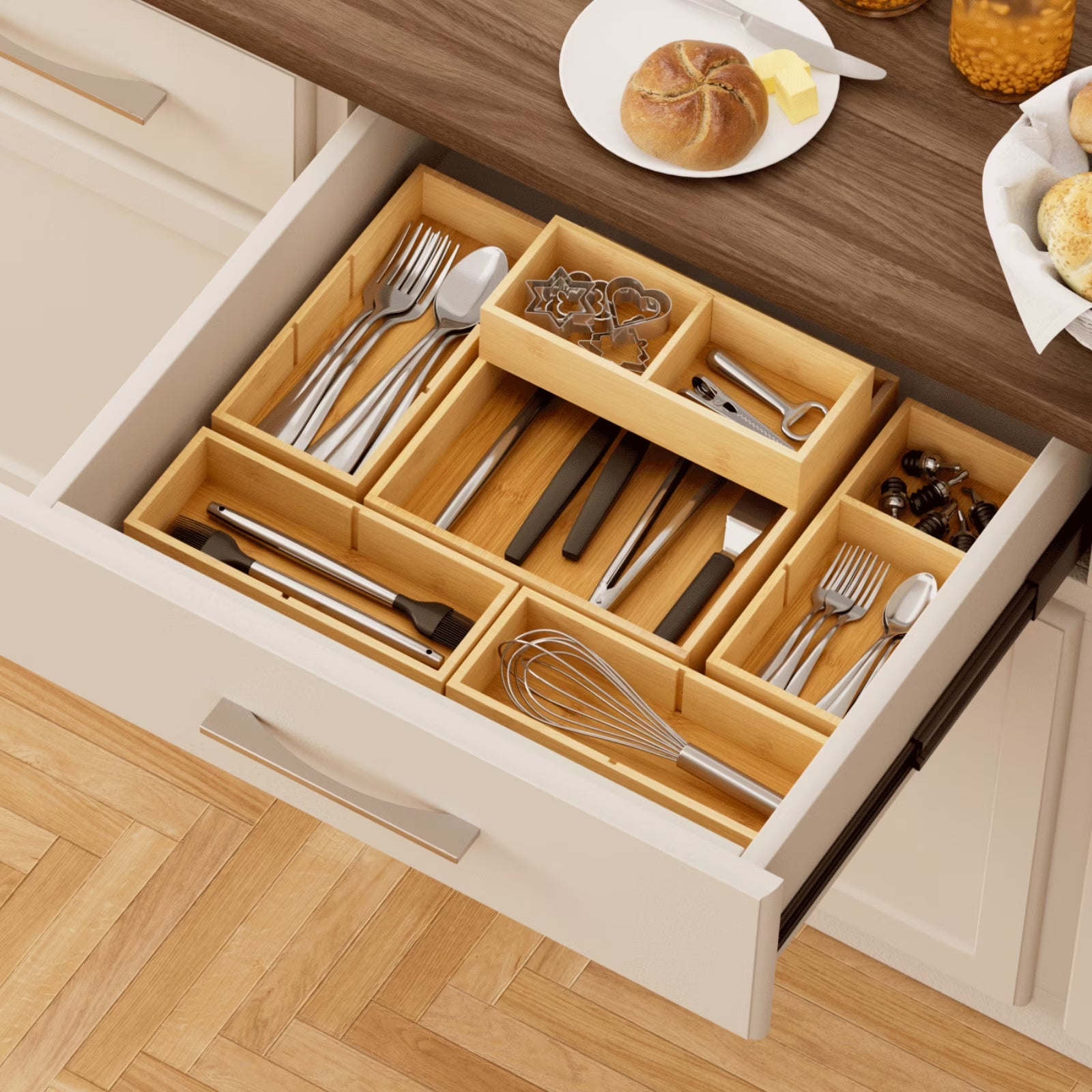 Drawer Organizer Set 5 Pack (11 Grid), Adjustable Bamboo Wooden Dividers