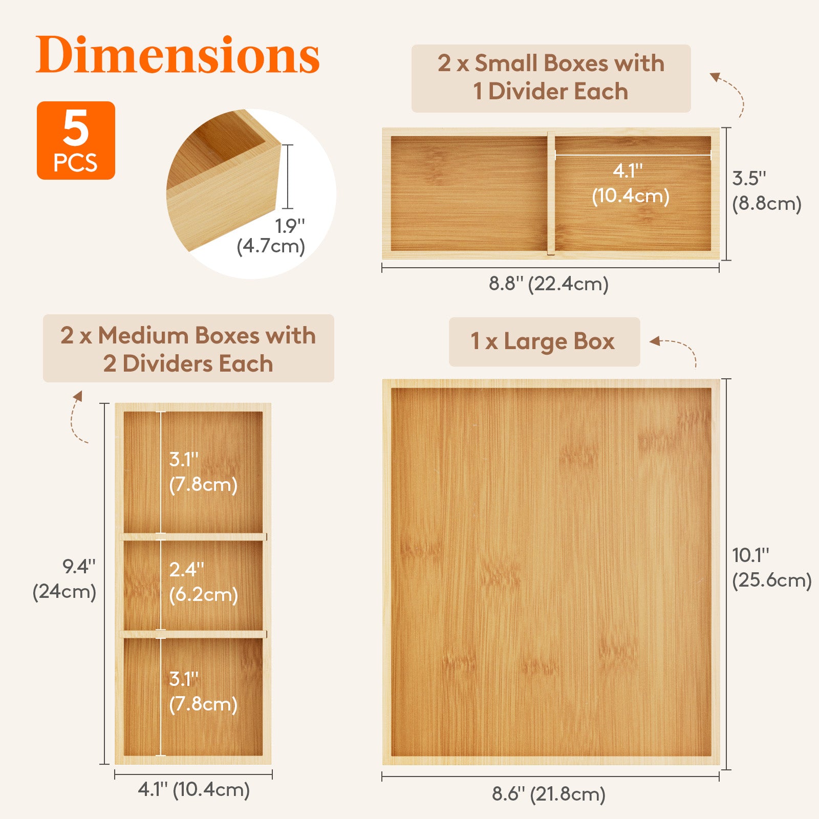 Drawer Organizer Set 5 Pack (11 Grid), Adjustable Bamboo Wooden Dividers