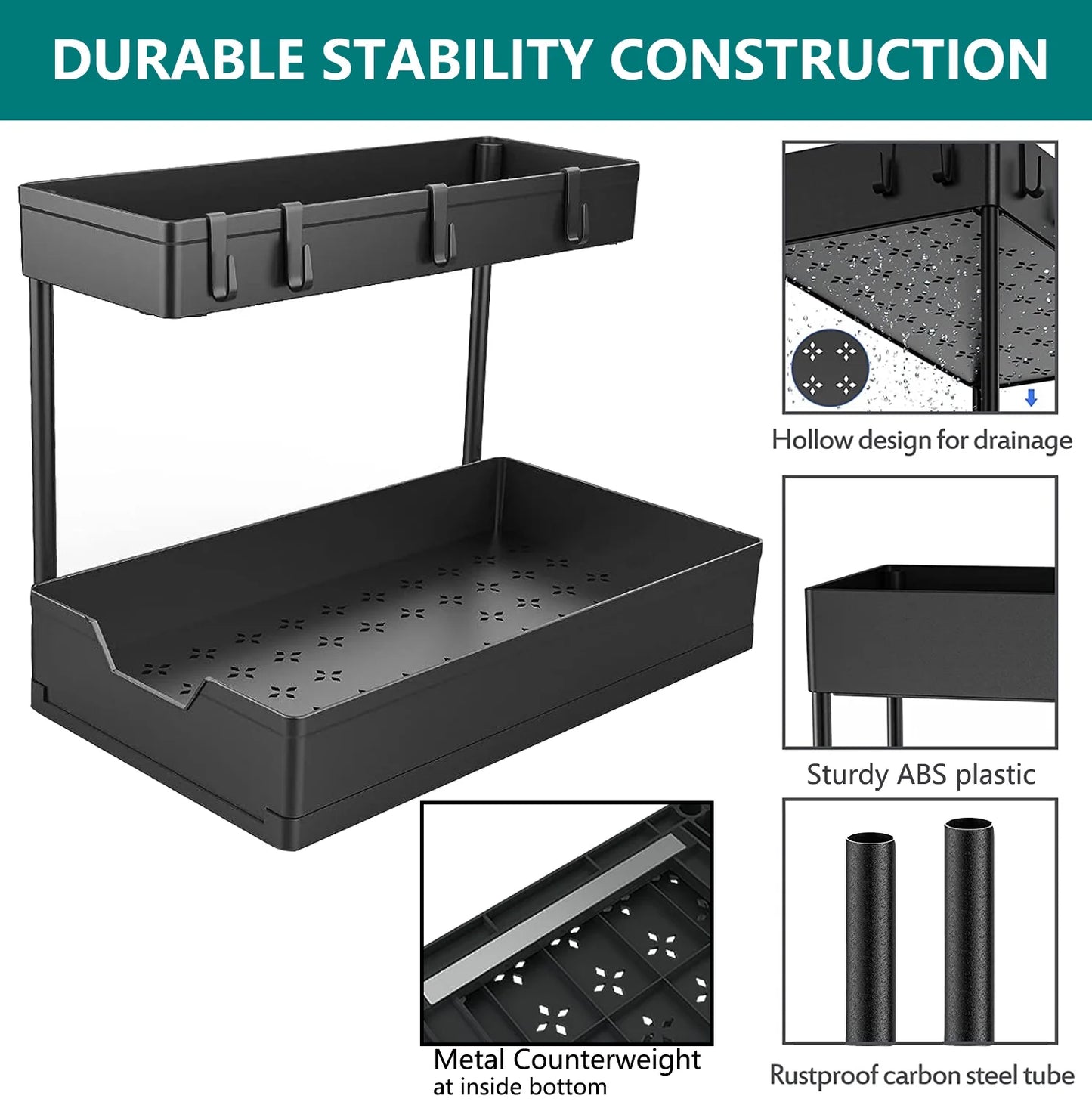1-Pack under Sink Organizer Storage, 2 Tier L-Shape Multi-Purpose Large Capacity Kitchen under Sink Organizers for Narrow Space Easy Access Sliding Storage Drawer with Hooks for Bathroom