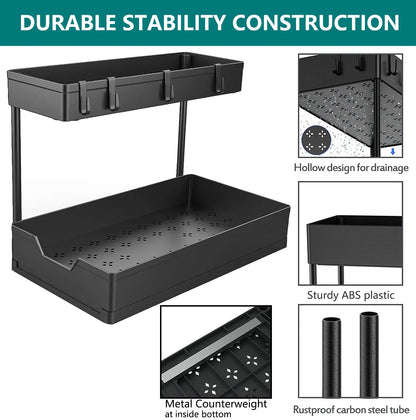 1-Pack under Sink Organizer Storage, 2 Tier L-Shape Multi-Purpose Large Capacity Kitchen under Sink Organizers for Narrow Space Easy Access Sliding Storage Drawer with Hooks for Bathroom