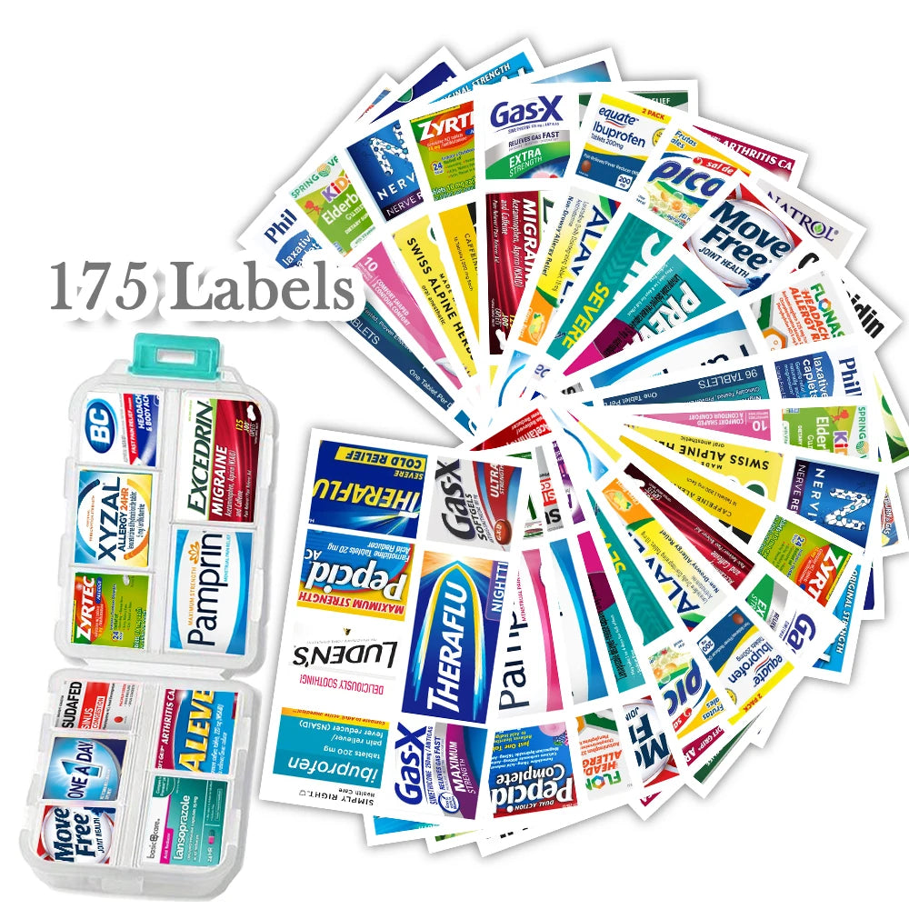 10 Grids Pill Organize Storage Container with 175 Labels Pill Case Health Medicine Organizer Travel Supply Mini Pill Box