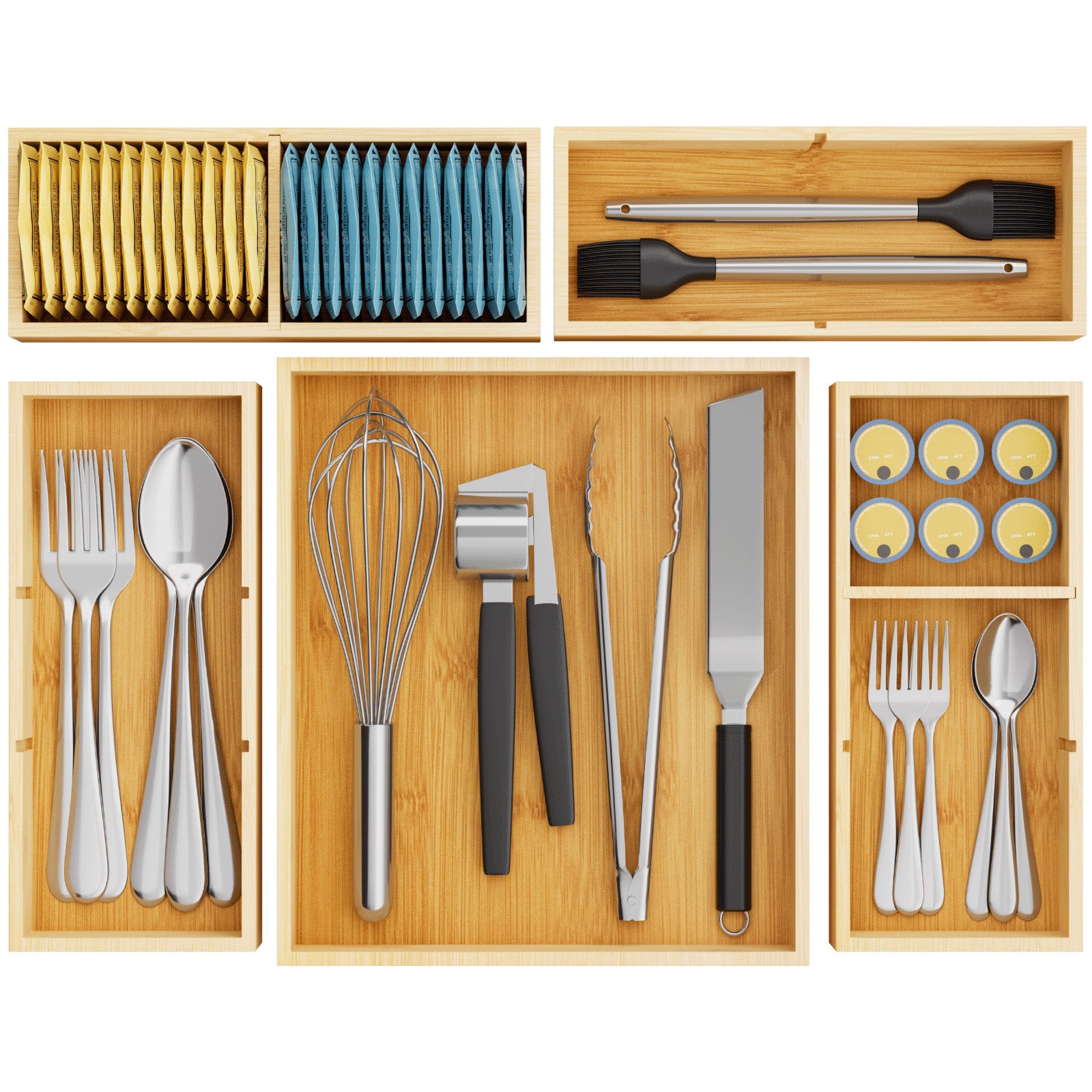 Drawer Organizer Set 5 Pack (11 Grid), Adjustable Bamboo Wooden Dividers