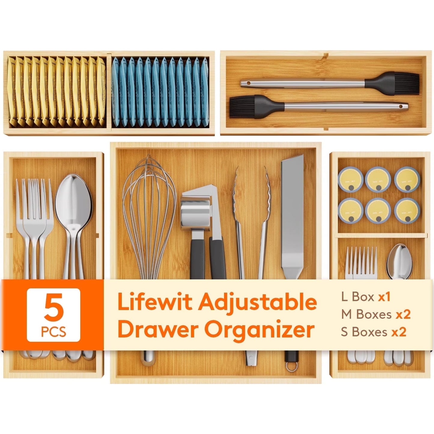 Drawer Organizer Set 5 Pack (11 Grid), Adjustable Bamboo Wooden Dividers