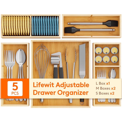 Drawer Organizer Set 5 Pack (11 Grid), Adjustable Bamboo Wooden Dividers