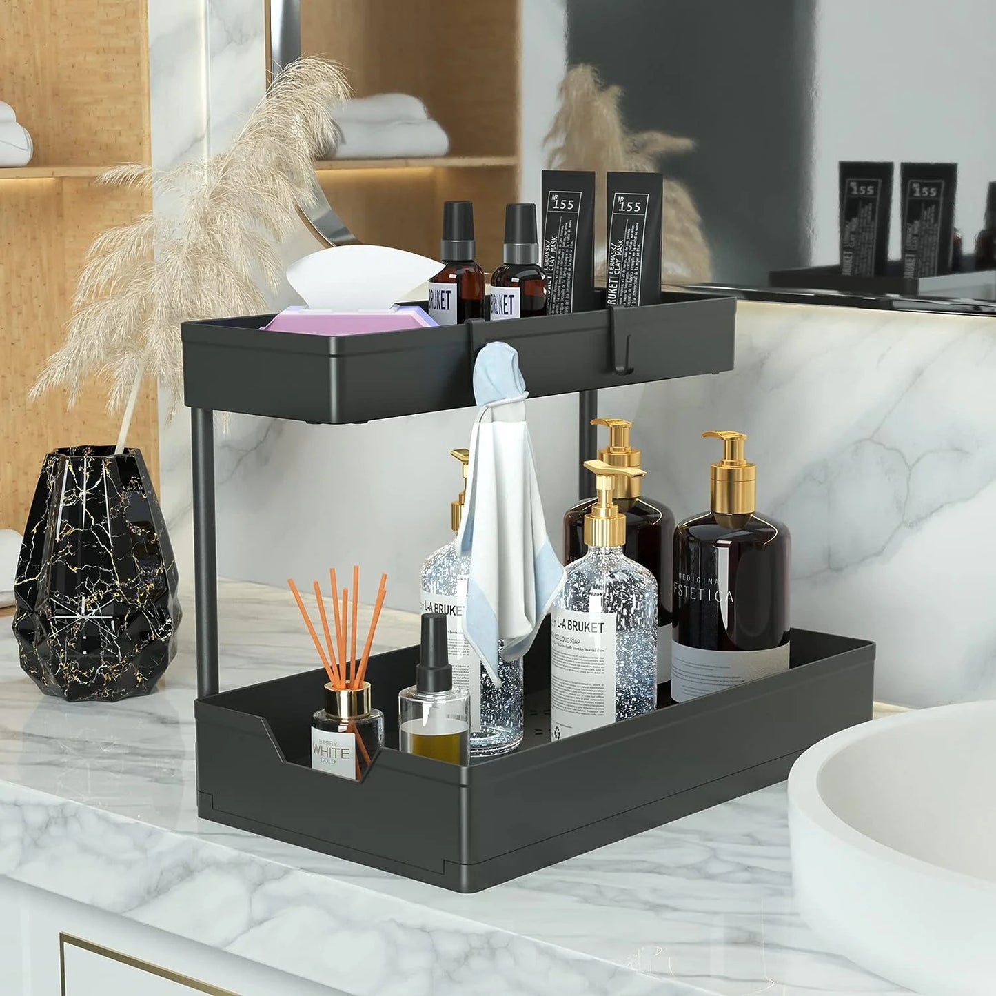1-Pack under Sink Organizer Storage, 2 Tier L-Shape Multi-Purpose Large Capacity Kitchen under Sink Organizers for Narrow Space Easy Access Sliding Storage Drawer with Hooks for Bathroom