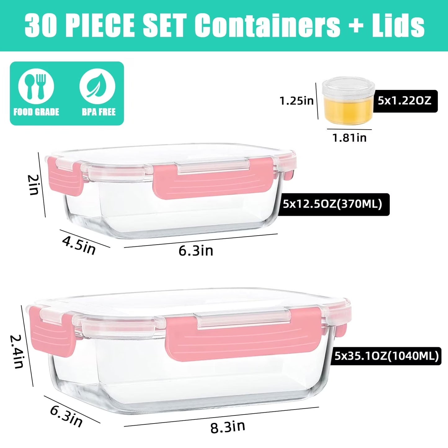 30 Pcs Glass Food Storage Containers with Lids, Glass Airtight Meal Prep Container Set for Lunch, Kitchen Pantry Organizers and Storage, Leak Proof, Pink
