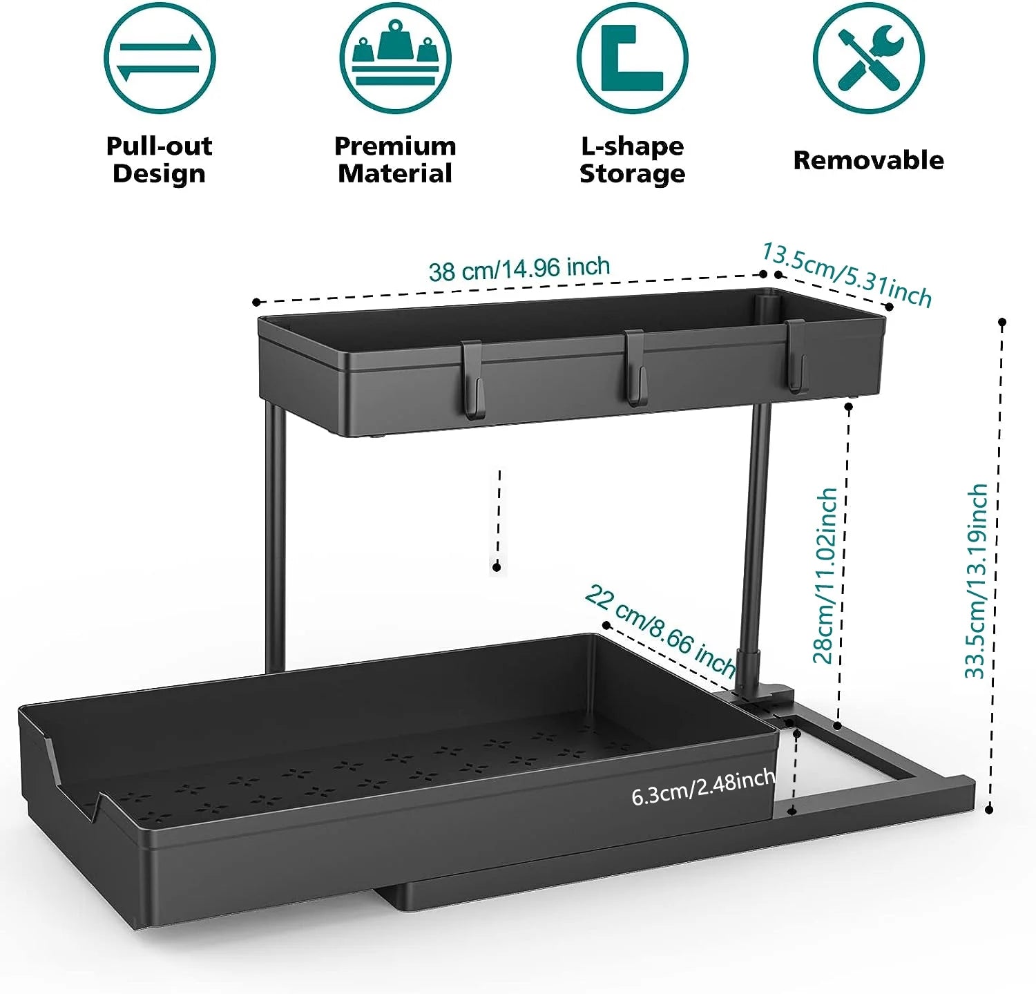 1-Pack under Sink Organizer Storage, 2 Tier L-Shape Multi-Purpose Large Capacity Kitchen under Sink Organizers for Narrow Space Easy Access Sliding Storage Drawer with Hooks for Bathroom