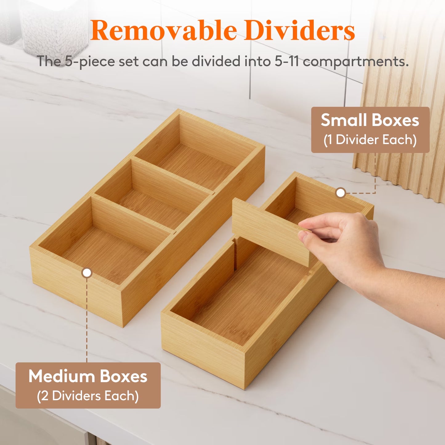 Drawer Organizer Set 5 Pack (11 Grid), Adjustable Bamboo Wooden Dividers
