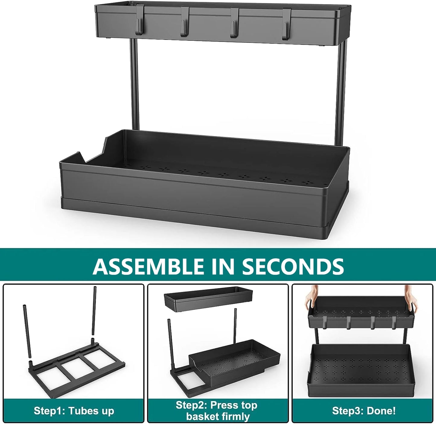 1-Pack under Sink Organizer Storage, 2 Tier L-Shape Multi-Purpose Large Capacity Kitchen under Sink Organizers for Narrow Space Easy Access Sliding Storage Drawer with Hooks for Bathroom
