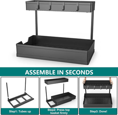 1-Pack under Sink Organizer Storage, 2 Tier L-Shape Multi-Purpose Large Capacity Kitchen under Sink Organizers for Narrow Space Easy Access Sliding Storage Drawer with Hooks for Bathroom
