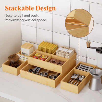 Drawer Organizer Set 5 Pack (11 Grid), Adjustable Bamboo Wooden Dividers