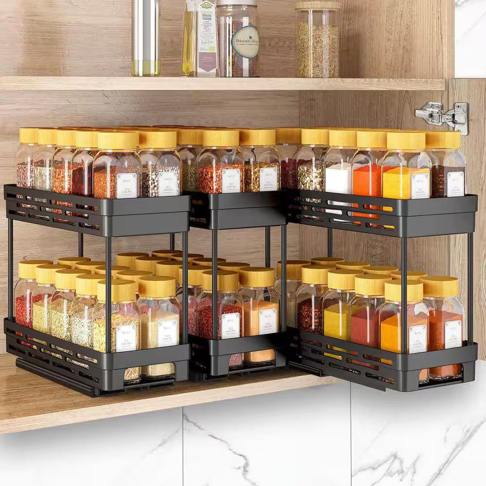 2 Tier Black Pull Out Slide Out Cabinet Organizer Spice Rack 3 Pack for Narrow Kitchen Storage Shelves