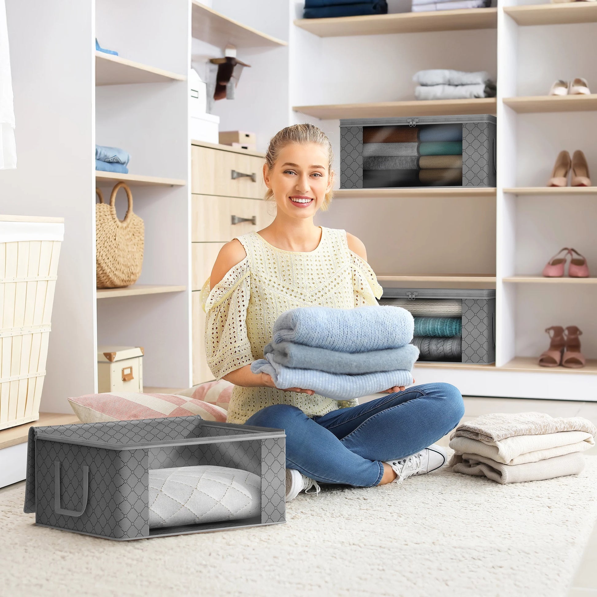 Medium Clothes Storage Bags - Foldable Blanket Storage Bins for Organizing Bedroom, Closet, Clothing, Comforter, Organization with Clear Window, Lids and Carry Handles - Set of 11